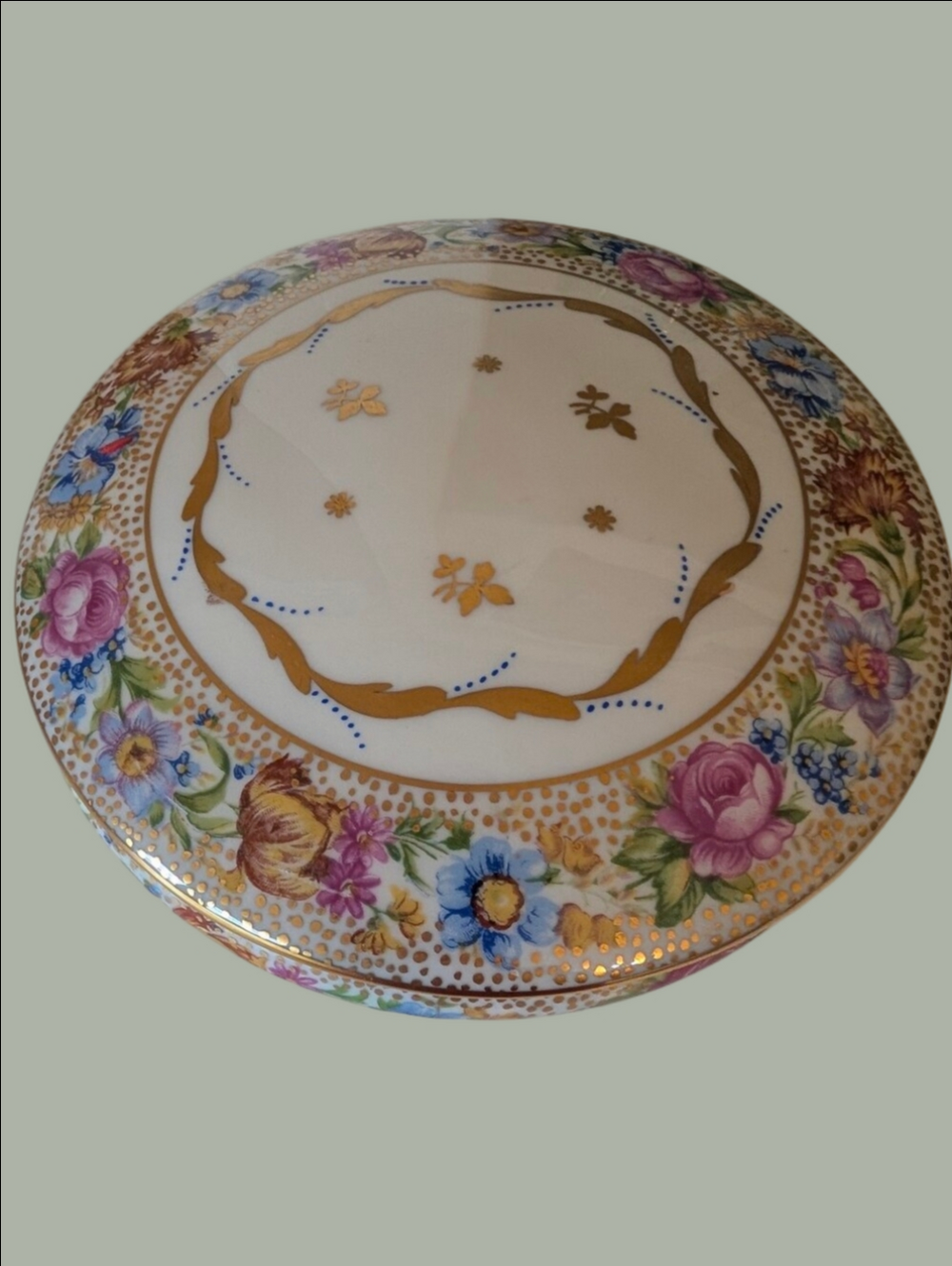 Vintage LimogesFloral Porcelain Trinket Box - Pink, Blue, Green